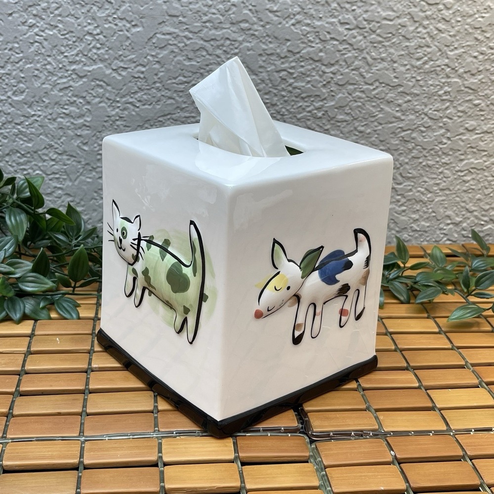 Vintage Jenny Faw Ceramic Tissue Box Cover Whimsical Cat Dog White 1990s 3D Y2K